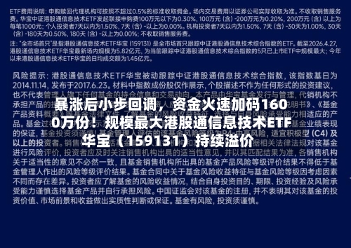 暴涨后小步回调	，资金火速加码1600万份！规模最大港股通信息技术ETF华宝（159131）持续溢价-第1张图片